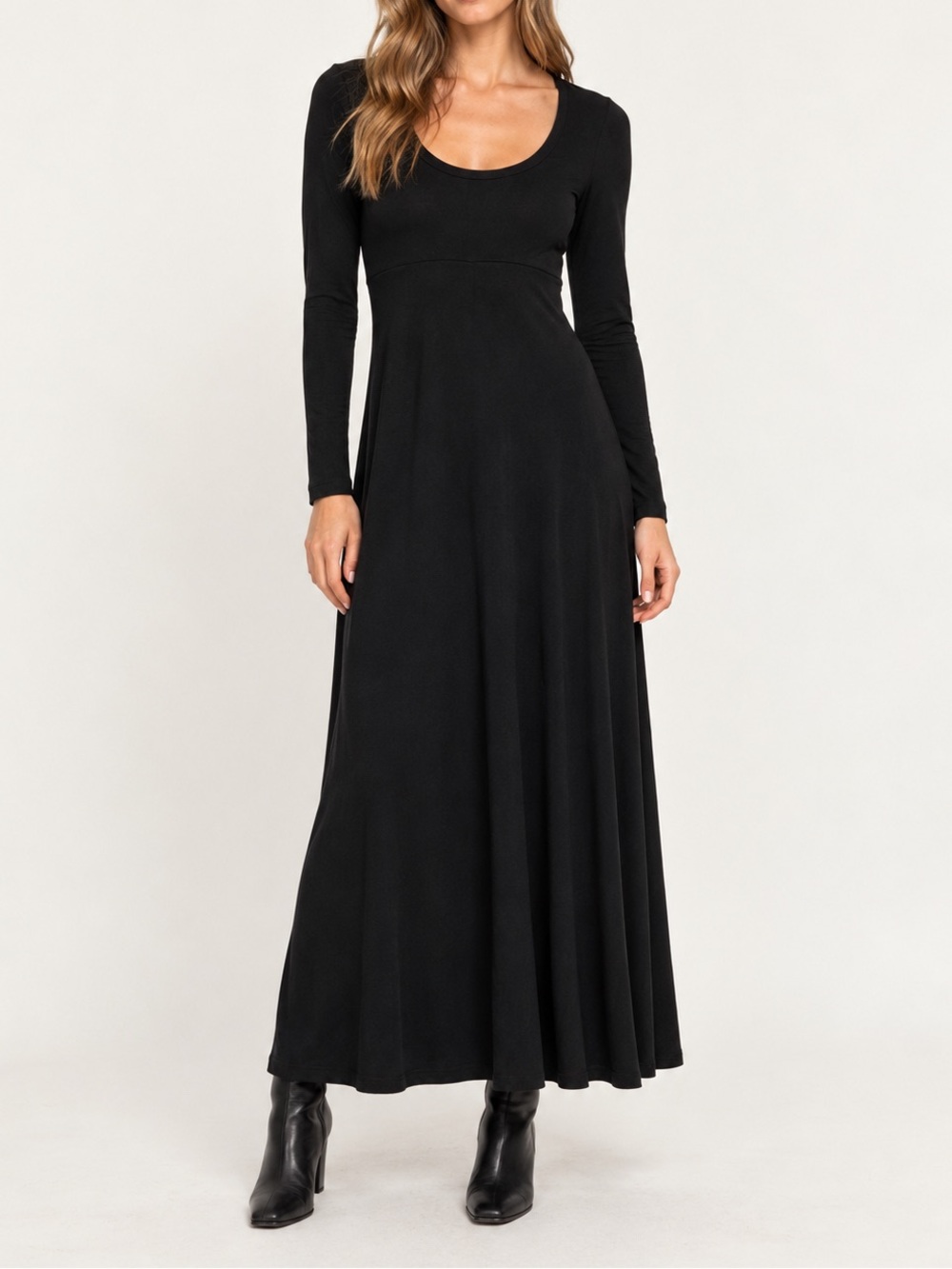 90s Black Acetate Maxi Dress Long Sleeve Scoop Neck Empire Waist Vintage Medium